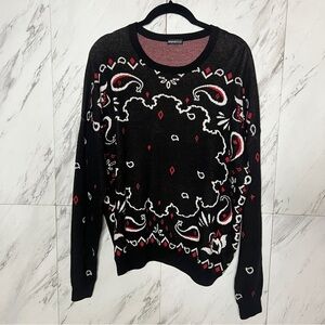 Minnie Rose Black Paisley Bandana Cotton Cashmere Sweater SZ M